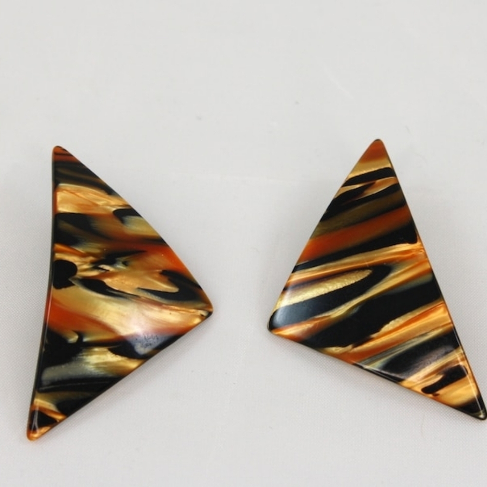 Vintage 1980s Lightweight Triangle Earrings Black and orange/gold New Wave Pierc